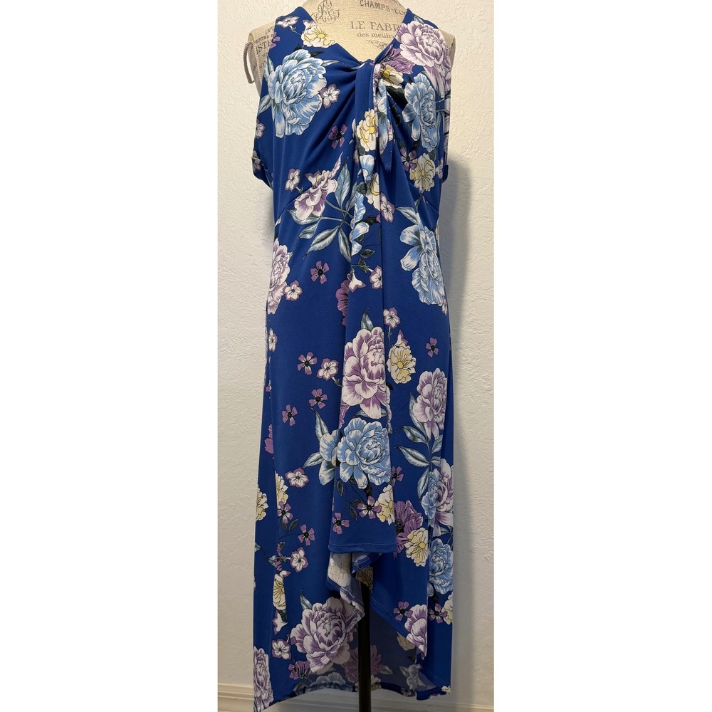Candies Blue Floral Knot Front High Low Midi Dress XL Sleeveless Keyhole Back